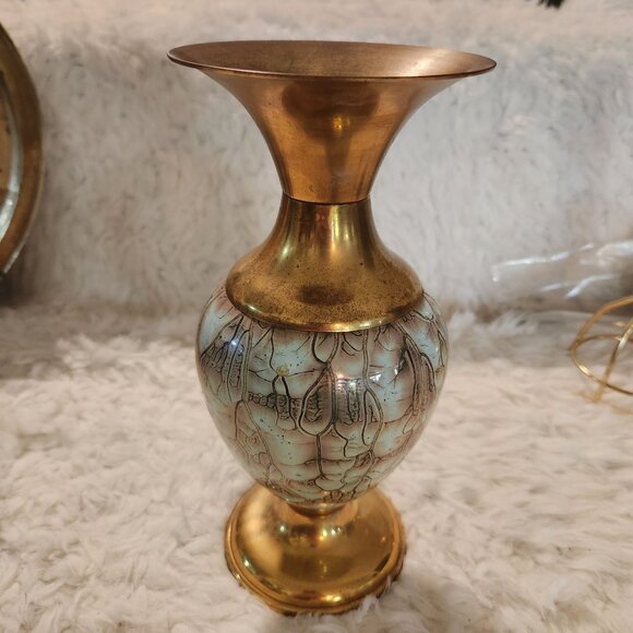 Vintage Hand painted Delftware Vase With Brass Accents MCM Boho - Picture 1 of 7